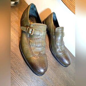 Torento Dress Shoes Mens Size 12 Fine Leather Dark Olive Green Buckle Monk Strap